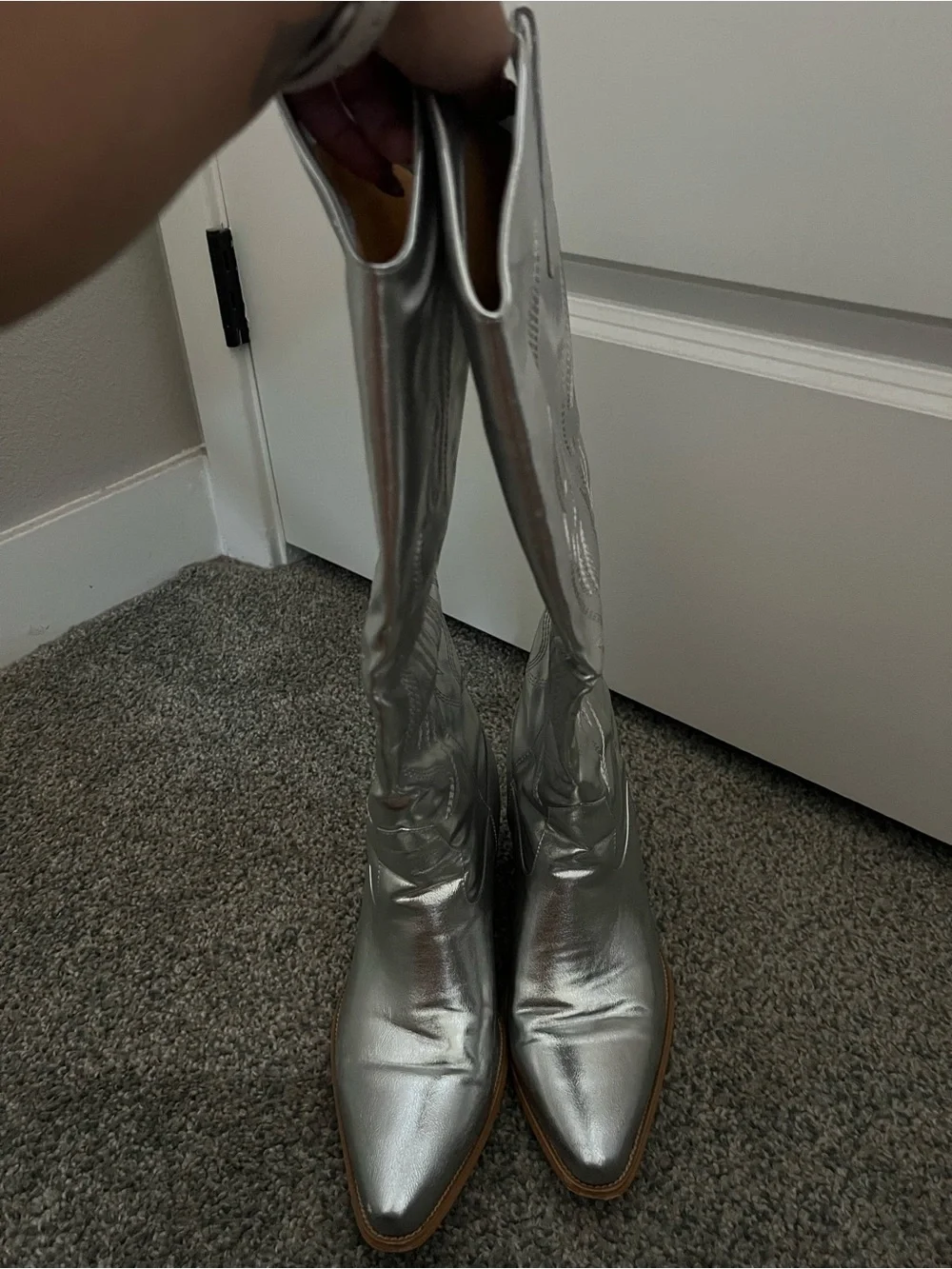 Women's Metallic Silver Knee-High Pointed Toe Boots